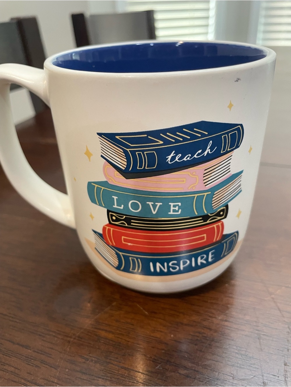 Ceramic Teach Love Inspire Stack of Books Mug - Blue Interior